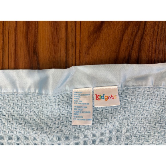 Kidgets Blue waffle Knit Baby Blanket Bless This Baby Satin Trim 28x29 moon